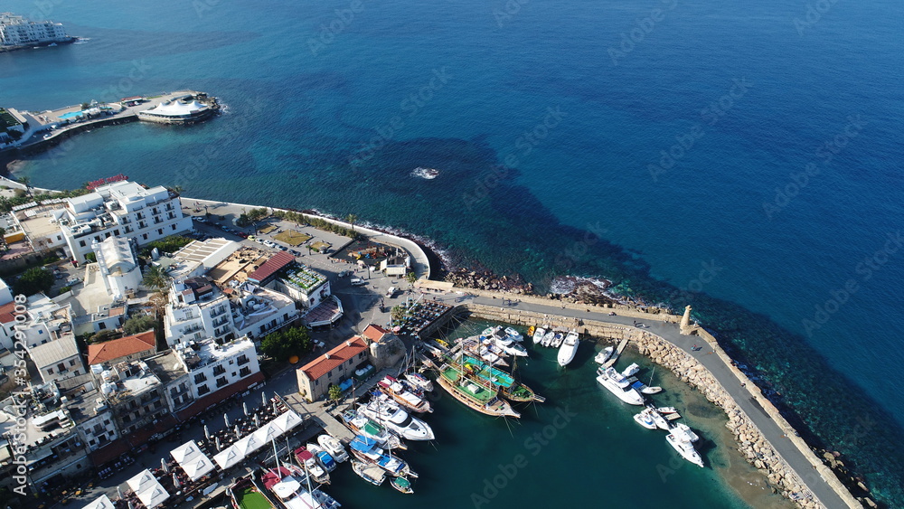 Kyrenia Harbour at Kyrenia cyprus top drone view from sky