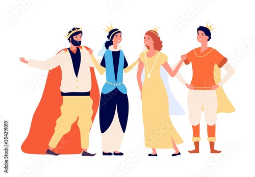 The royal family. Cartoon queen king princess and prince. Isolated women men in medieval suits, acting theater troupe vector illustration. Royal family cartoon, people in golden crown and nice dress