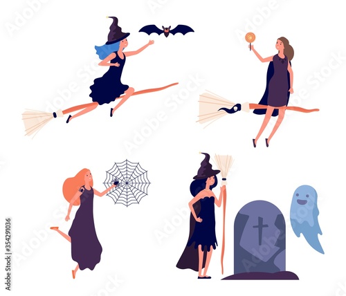 Witches characters. Cute woman flies on broomstick. Halloween fairy tale people. Girl with spiders, magic female in witch hat at haunted grave vector illustration. Broomstick and magic halloween witch