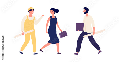 Architectural business. Businesswoman and engineers. Isolated flat woman talk with builder, cartoon architects or construction workers vector illustration. Professional engineer and architect