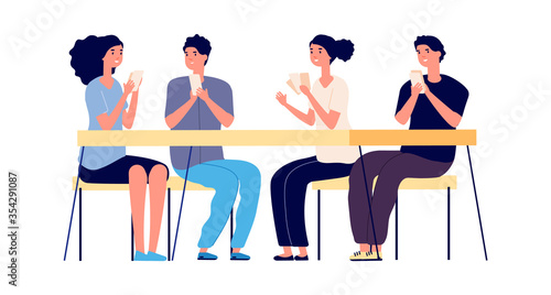 Board game evening. Friends meeting, happy players characters. Isolated teenagers or adults playing cards. Flat men women sitting table vector illustration. Board game, team people friends play