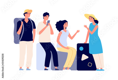 Friends vacations. People with luggage, flat tourists talking. Friendship travellers, boys and girls wait transport on bags vector illustration. Trip and journey, tourist with baggage