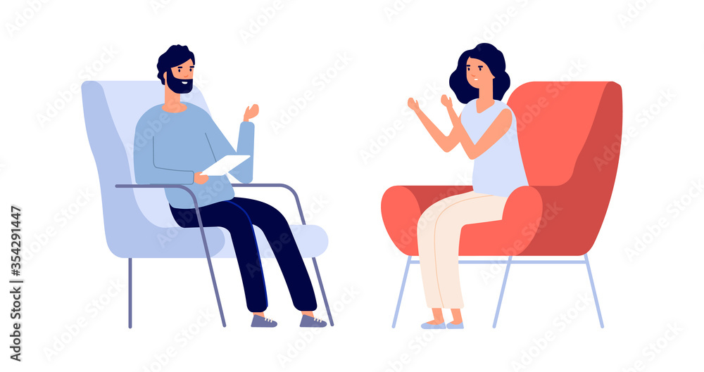 Partners talking. Man woman discuss problems. Flat psychotherapist consulting young girl. Female mental disorder, psychological consultation vector concept. Illustration woman and man psychotherapy Partners talking. Man woman discuss problems. Flat psychotherapist consulting young girl. Female mental disorder, psychological consultation vector concept. Illustration woman and man psychotherapy