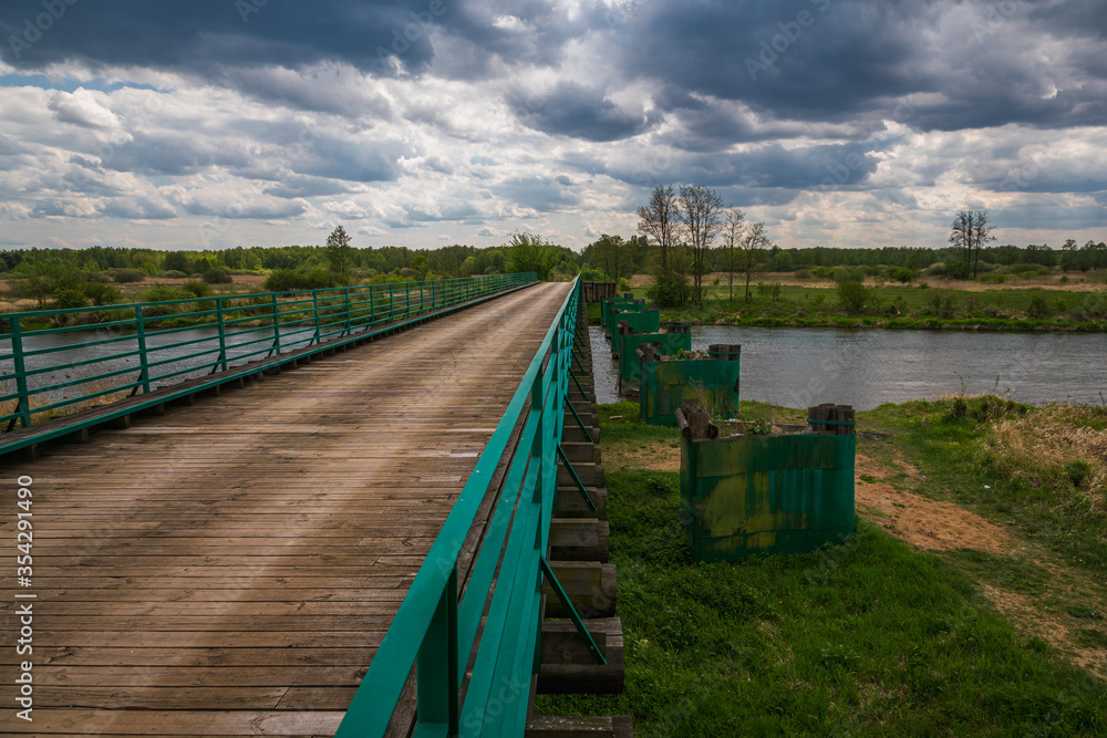 Longest wooden bridge over the Pilica river in Gostomia, Poland