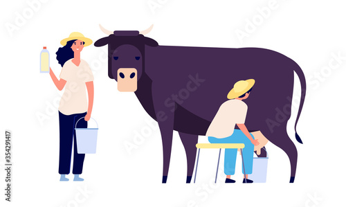 Milk farm characters. Flat cow, woman with bottle. Fresh organic products, raw for market. Isolated agricultural people working vector illustration. Farm woman and cow milk, organic product
