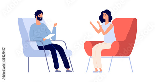 Partners talking. Man woman discuss problems. Flat psychotherapist consulting young girl. Female mental disorder, psychological consultation vector concept. Illustration woman and man psychotherapy