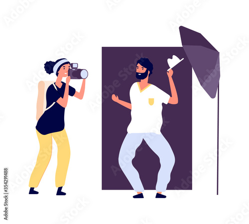 Photo studio. Actor posing photographer. Professional photo session for portfolio with equipment and accessories. Flat style smiling man vector illustration. Photo studio, photographer professional