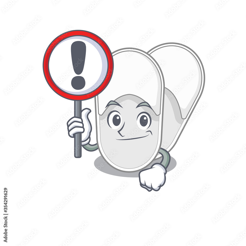 A cartoon icon of hotel slippers with a exclamation sign board A cartoon icon of hotel slippers with a exclamation sign board