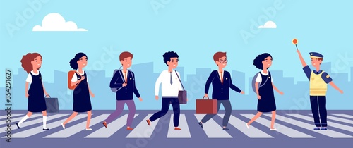 Crosswalk kids. School children crossing street on cross road. Safety students on highway. Traffic controller in uniform vector illustration. Road school, traffic crosswalk street pedestrian city