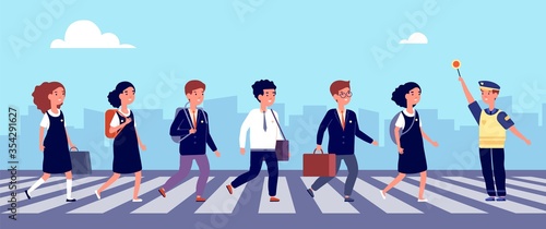 Crosswalk kids. School children crossing street on cross road. Safety students on highway. Traffic controller in uniform vector illustration. Road school  traffic crosswalk street pedestrian city