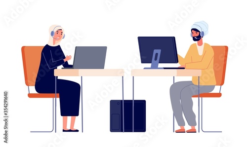 Call center operators. Woman man customer service, office managers. Employee at desk with headphone, young female worker vector illustration. Support operator, service phone contact