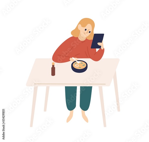 Happy woman surfing internet watching at tablet during eating food vector fla...