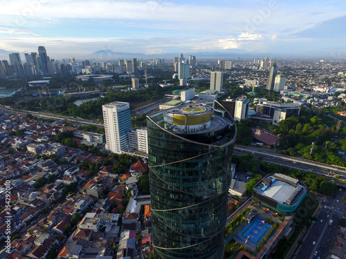 Photography Jakarta Indonesia - June 1, 2020 : Aerial view from Jakarta, BNI Tower Jakarta Urban City of Indonesia