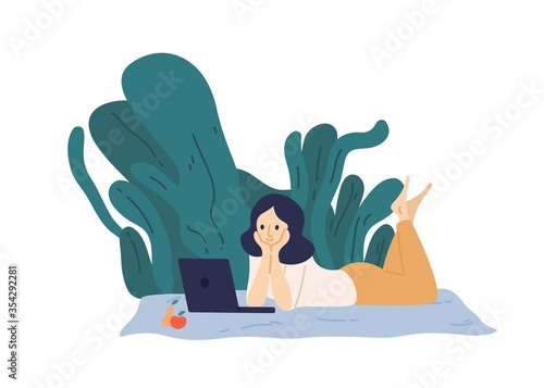 Relaxed woman lying on plaid at park watching video on laptop vector flat illustration. Cute female surfing internet enjoying weekend outdoor isolated on white. Modern girl use computer at picnic