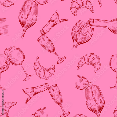 Wine, champagne. croissant food, drink vector seamless pattern on pink background. Concept for menu, cards, wallpaper, wrapping paper 
