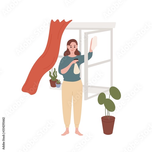 Smiling housewife cleaning window at home vector flat illustration. Cute female enjoying housework isolated on white background. Woman holding rag and cleanup spray washing glass
