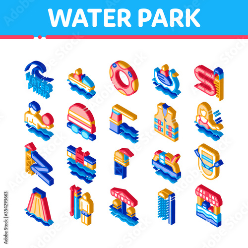 Water Park Attraction Icons Set Vector. Isometric Swimming Wear And Equipment, Life Jacket And Lifebuoy, Boat And Water Park Pool Illustrations