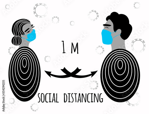 Stock vector illustration of man and women who keep a minimum social distancing 1 meter in public of people to protect from covid-19. Coronavirus outbreak spreading concept and epidemic protective.