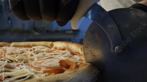 closeup of serving fresh hot pizza
