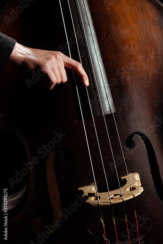 cropped view of professional musician playing on double bass on dark stage