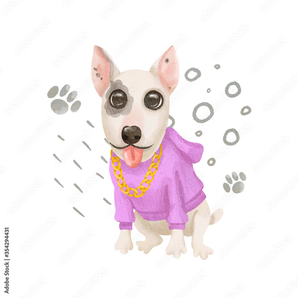 Watercolor illustration of cute English Bull Terrier isolated on white background. Greeting card design. Fashion dog in suit. High quality illustration Watercolor illustration of cute English Bull Terrier isolated on white background. Greeting card design. Fashion dog in suit. High quality illustration