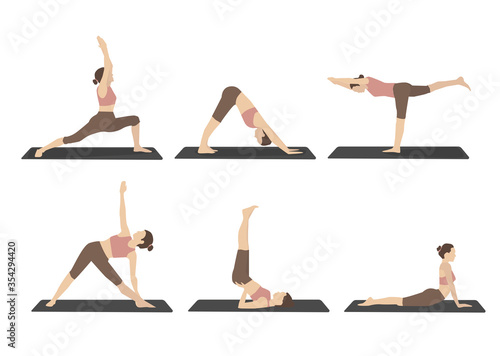 Set of woman performing yoga poses in brown sport clothes. Cartoon