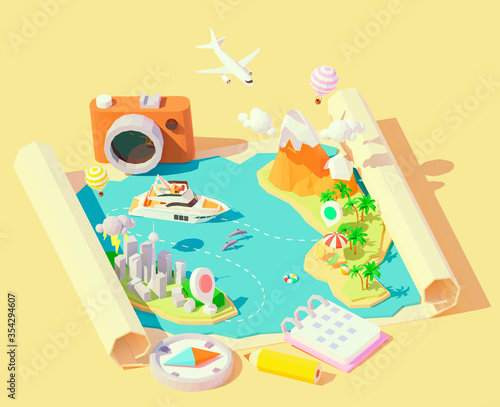 Vector isometric summer travel and vacation illustration. Summer travel map. Escape from city to tropical paradise. Airplane, yacht, balloons. Summer vacation planning with compass, calendar, camera