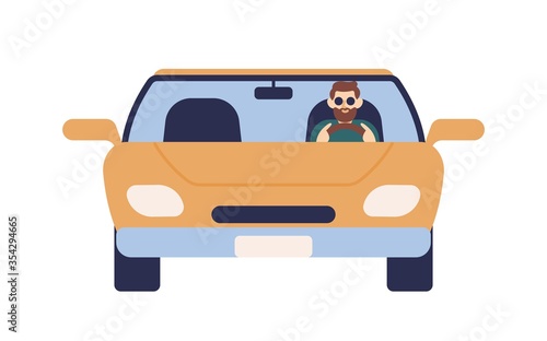 Fashionable bearded guy in sunglasses driving car vector flat illustration. Male driver on automobile front view isolated on white background. Successful man hold wheel ride on transportation