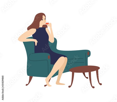 Elegant woman drinking wine sitting on couch vector flat illustration. Joyful female relaxing at home with bocal of alcohol beverage isolated on white background. Girl resting on comfortable sofa