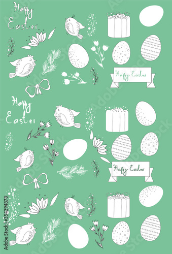Set of Easter themed white icons on turquoise background