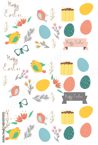 Set of Easter themed colored icons on white background