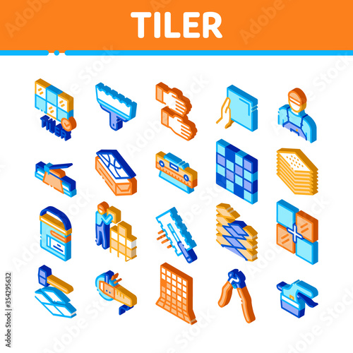 Tiler Work Equipment Icons Set Vector. Isometric Tiler Rectangular Notched Trowel And Electrical Tile Cutter, Level Tool And Grinder Illustrations