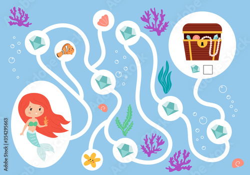 Educational maze game for children. Help the mermaid collect all diamonds. Count and write result. Underwater treasure chest. Vector cartoon characters.