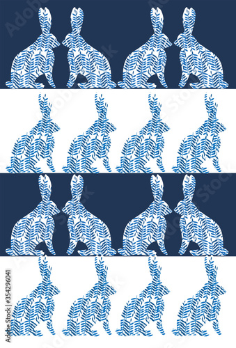 Rabbit silhouette pattern. Vines. White and blue color theme