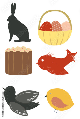 Set of Easter related images: birds, rabbit, easter bread and a basket full o...