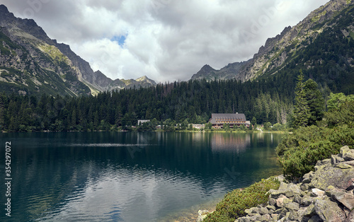 Photograph of a house and a lake in the Tatra Mountains  Slovakia.