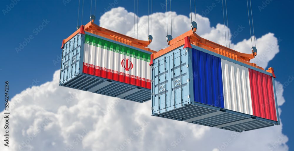 Shipping containers with Iran and France flag. 3D Rendering Shipping containers with Iran and France flag. 3D Rendering