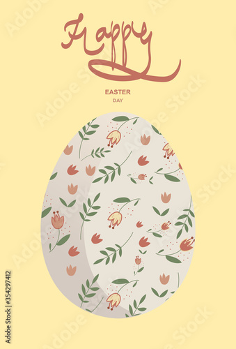 White Easter egg decorated with tulip flower pattern. Yellow background