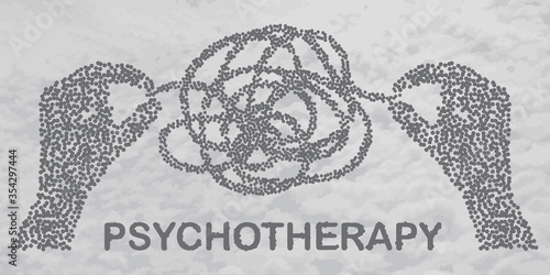 Psychotherapy concept illustration with hands untangling messy snarl knot, vector illustration with two particle divergent human heads on sky background