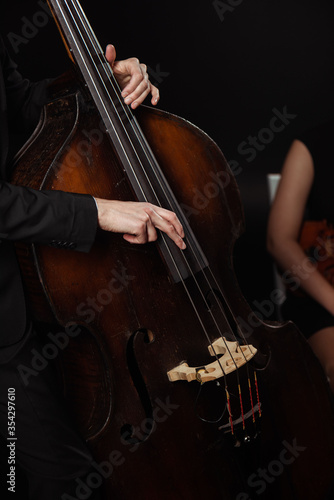 partial view of professional musicians playing on violin and contrabass on dark stage