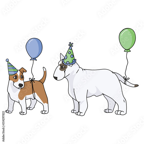 Cute cartoon bull terrier puppy and dog breed with party hat vector clipart. Pedigree kennel show dog lovers. Purebred domestic pooch for celebration illustration. Isolated canine. EPS 10
