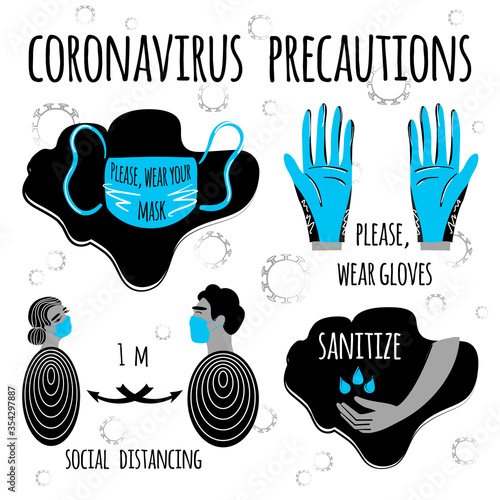 Coronavirus precaution tips. Stock vector  art illustration set of corona virus COVID-19. Safety measures and precautions warning signs . Protect yourself and others.  Warning, dangerous infection.