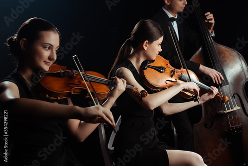 trio of musicians playing on double bass and violins isolated on black photo