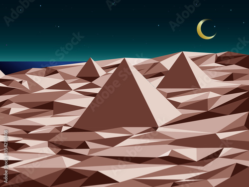 Wonderful pyramid landscape at night under the moon and starry sky