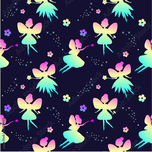 rainbow fairy silhouettes and flowers. Vector pattern. Magic background