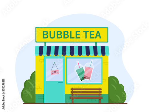 Flat vector illustration: tea bubble shop.