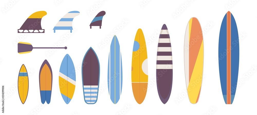 Set of flat surfboards for adults, children vector. Different types and ...