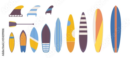Set of flat surfboards for adults  children vector. Different types and variations of shape  length and coloring