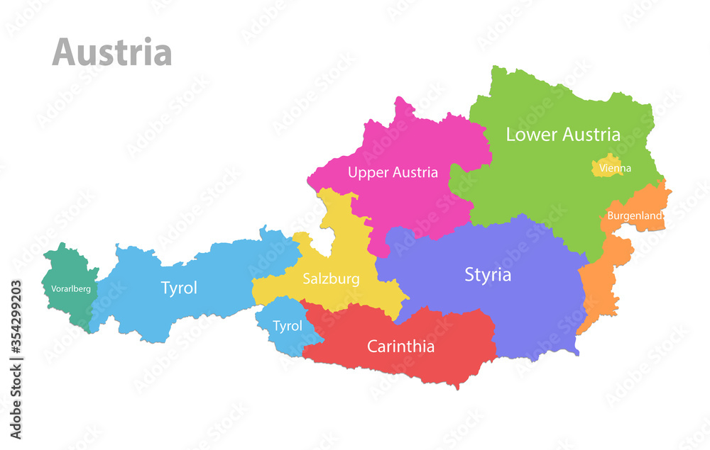 Austria map, administrative division, separate individual states with state names, color map isolated on white background vector