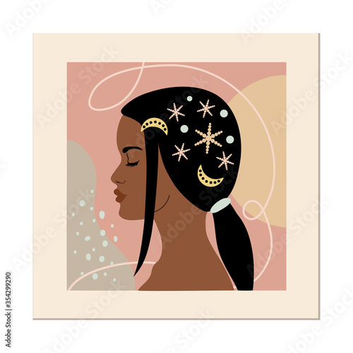 African american girls profile with trendy hairstyle. Woman with hairpins and hair clips on color background. Vector illustration for print, t-shirt design, poster, banner.